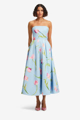 Lynn Bustier Midi Dress - Tulip Print in Blue