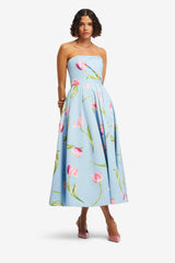 Lynn Bustier Midi Dress - Tulip Print in Blue