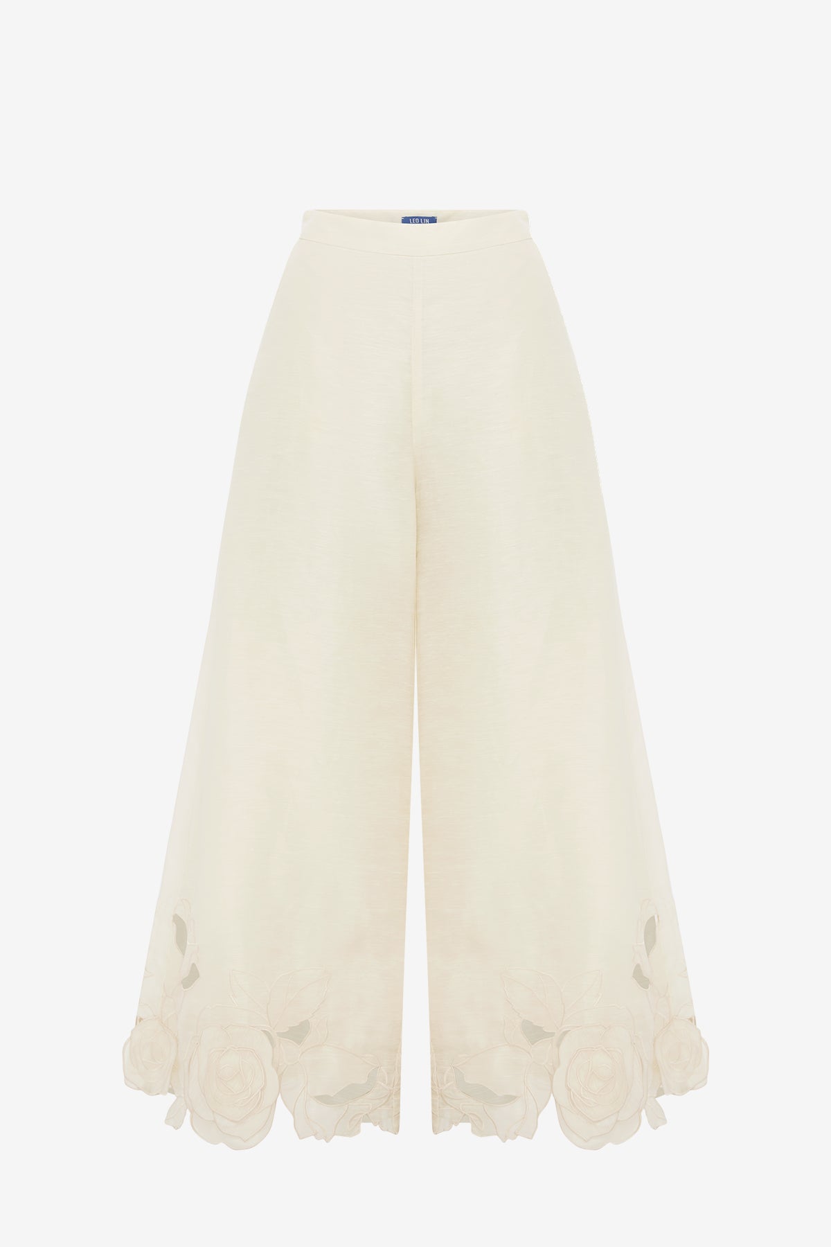 Theodora Linen Appliqué Pants - Vanilla