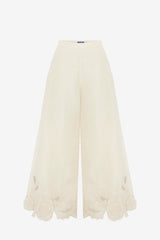 Theodora Linen Appliqué Pants - Vanilla