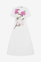 Caroline Appliqué Short Sleeve Midi Dress - Floral Pear Print