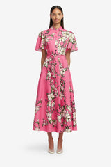Bianca Short Sleeve Midi Dress - Pink Magnolia Print