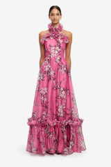 Isabelle Ruffled Halterneck Maxi Dress - Pink Magnolia Print