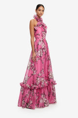 Isabelle Ruffled Halterneck Maxi Dress - Pink Magnolia Print
