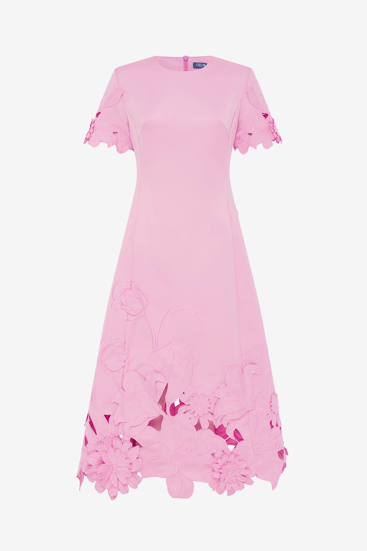 Caroline Appliqué Short Sleeve Midi Dress - Flamingo