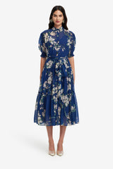 Ellie Bishop Sleeve Midi Dress - Midnight Magnolia Print