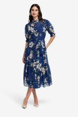 Ellie Bishop Sleeve Midi Dress - Midnight Magnolia Print