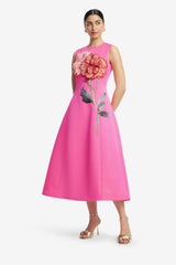 Cleo Appliqué Sleeveless Midi Dress - Peony Print in Fuchsia