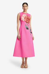 Cleo Appliqué Sleeveless Midi Dress - Peony Print in Fuchsia