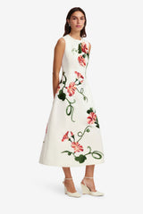 Cleo Appliqué Sleeveless Midi Dress - Vine Print in Snow