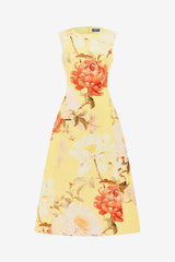 Cleo Sleeveless Midi Dress - Peony Print in Yellow