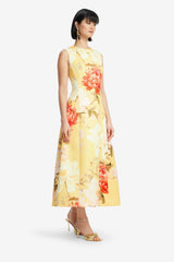 Cleo Sleeveless Midi Dress - Peony Print in Yellow