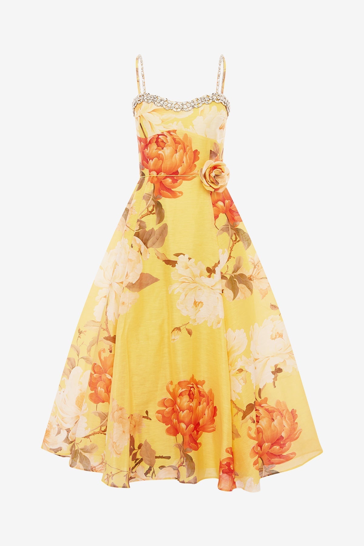 Mariela Embellished Midi Dress - Peony Print in Yellow
