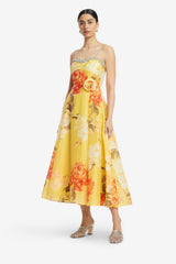Mariela Embellished Midi Dress - Peony Print in Yellow