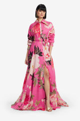 Josephine Silk Gown - Peony Print in Fuchsia