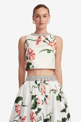 Iris Embellished Top - Vine Print in Snow