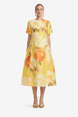 Caroline Short Sleeve Midi Dress  - Peony Print in Yellow