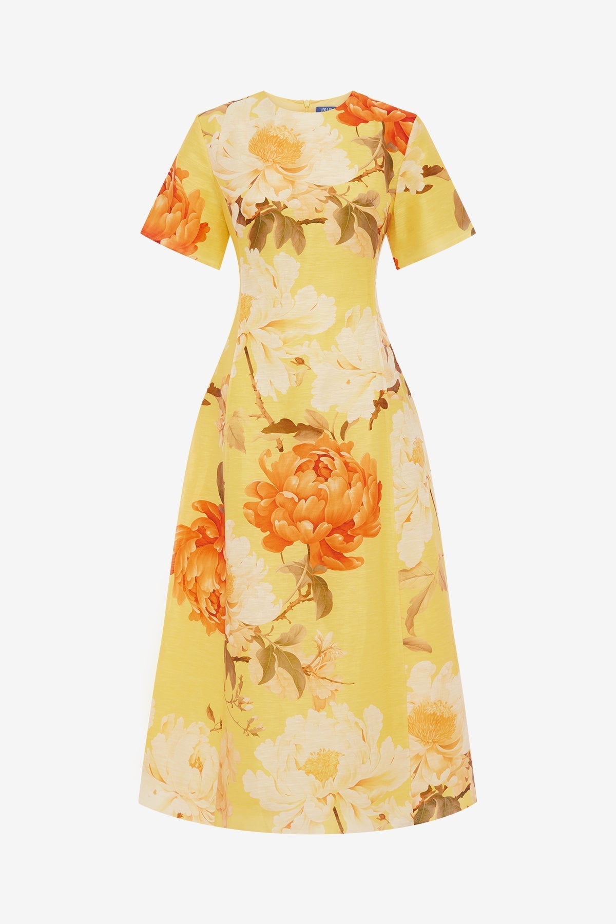 Caroline Short Sleeve Midi Dress  - Peony Print in Yellow