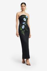Ava Halterneck Appliqué Floral Bustier Maxi Dress - Vine Print in Ebony