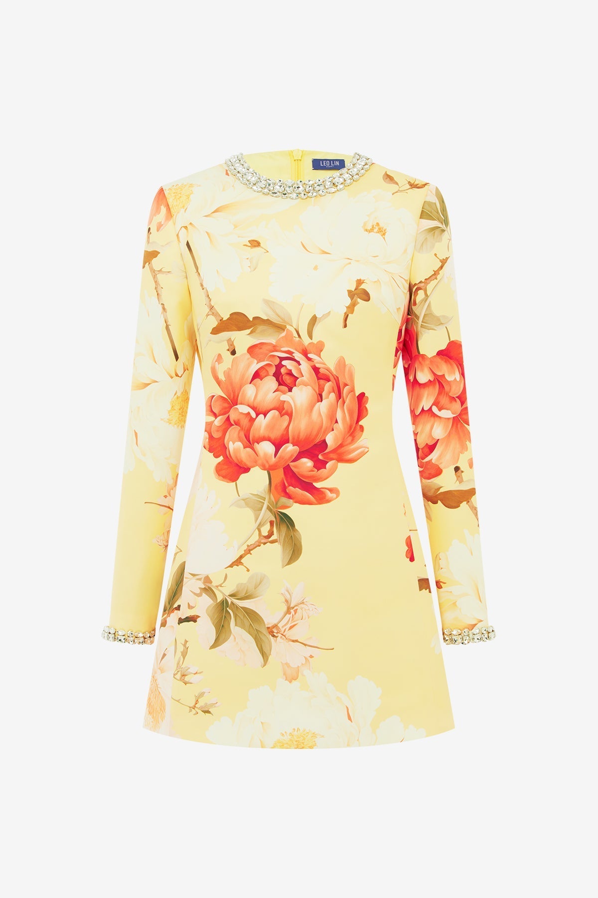Aliza Embellished Long Sleeve Mini Dress - Peony Print in Yellow