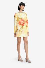 Aliza Embellished Long Sleeve Mini Dress - Peony Print in Yellow