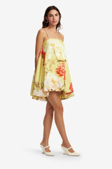Patsy Embellished Puff Mini Dress - Peony Print in Yellow