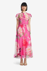 Grace Flutter Sleeve Midi Dress - Peony Print in Fuchsia