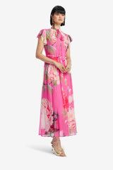 Grace Flutter Sleeve Midi Dress - Peony Print in Fuchsia