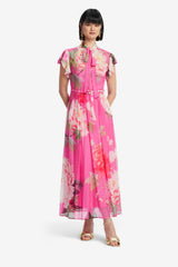 Grace Flutter Sleeve Midi Dress - Peony Print in Fuchsia
