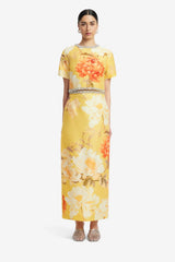 Kyra Embellished Maxi Skirt - Peony Print in Yellow