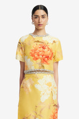Indie Embellished Sleeve Top - Peony Print in Yellow