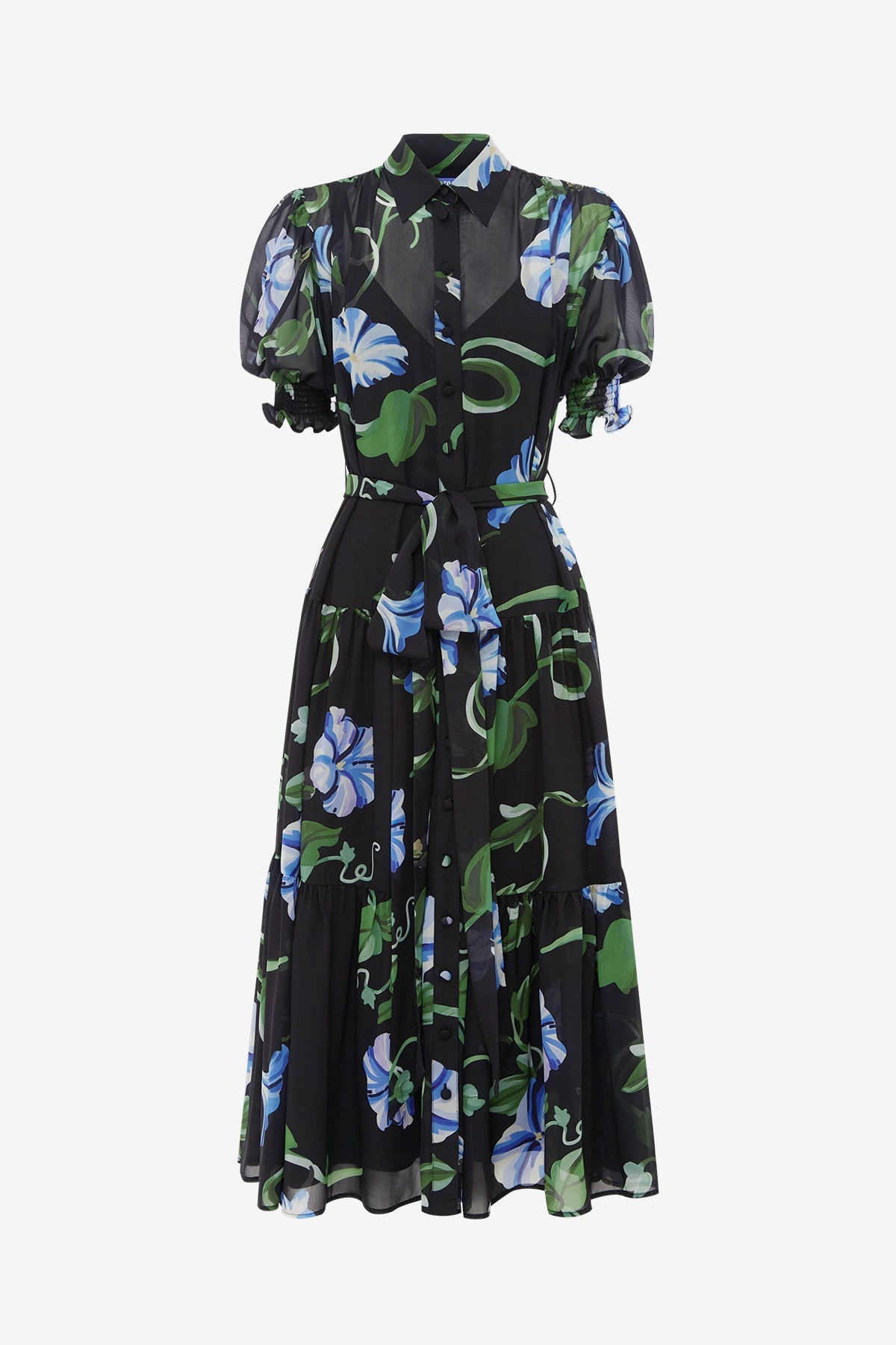 Ellie Bishop Sleeve Midi Dress - Vine Print in Ebony