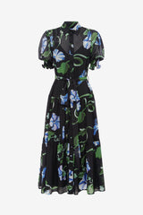 Ellie Bishop Sleeve Midi Dress - Vine Print in Ebony
