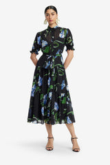 Ellie Bishop Sleeve Midi Dress - Vine Print in Ebony