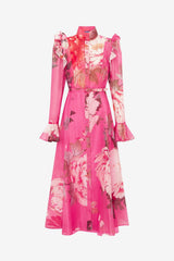 Katrina Butterfly Sleeve Midi Dress - Peony Print in Fuchsia