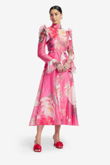 Katrina Butterfly Sleeve Midi Dress - Peony Print in Fuchsia