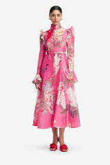 Katrina Butterfly Sleeve Midi Dress - Peony Print in Fuchsia