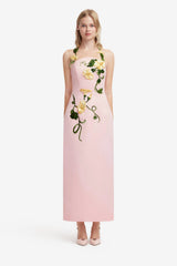 Ava Halterneck Appliqué Floral Bustier Maxi Dress - Vine Print in Pink