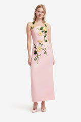 Ava Halterneck Appliqué Floral Bustier Maxi Dress - Vine Print in Pink