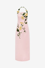 Ava Halterneck Appliqué Floral Bustier Maxi Dress - Vine Print in Pink