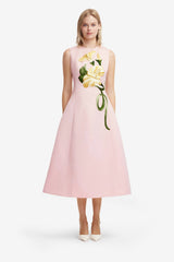 Cleo Appliqué Sleeveless Midi Dress - Vine Print in Pink