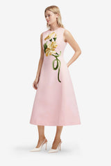 Cleo Appliqué Sleeveless Midi Dress - Vine Print in Pink