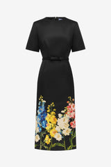 Elizabeth Short Sleeve Midi Dress - Snapdragon Print in Ebony