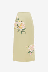 Quinn Embroidered Midi Skirt - Pistachio Rose Print