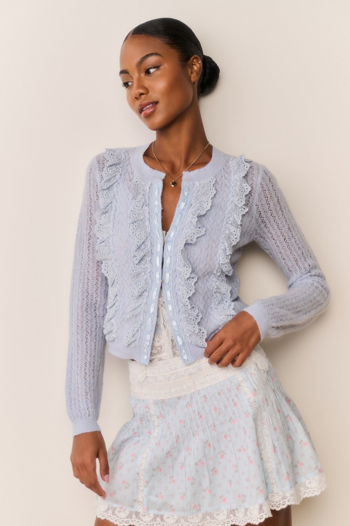 Melisse Eyelet Ruffle Cardigan - WISTFUL BLUE