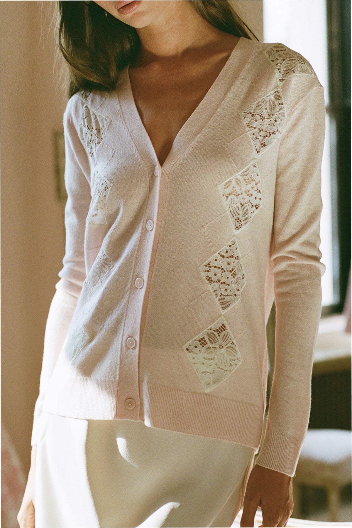 Ismeria Wool Argyle Lace Cardigan