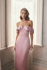 Espera Off Shoulder Midi Dress in Rose Pink