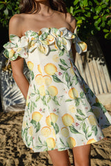 Hana Off Shoulder Mini Dress in Lemon Print