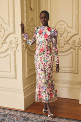 Rosette Long Sleeve Midi Dress in Multi Floral