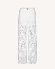 Embroidery High Rise Wide Leg Lace Denim Jeans With Rhinestone - White
